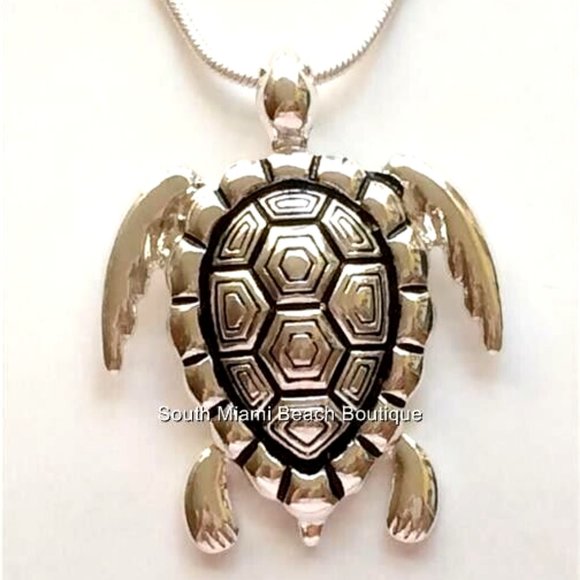 Sea Turtle Necklace Silver Plated BIG Pendant Sea Life Nautical Island Beach - Picture 3 of 8